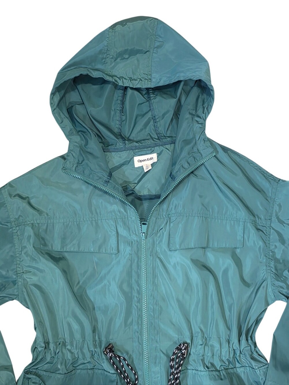 Open Edit Packable Teal Hooded Raincoat Jacket Full Length Size Small - Picture 3 of 7